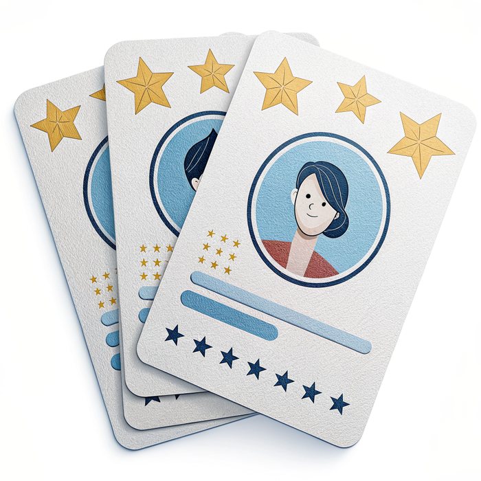 A cut-paper stack of five-star review cards