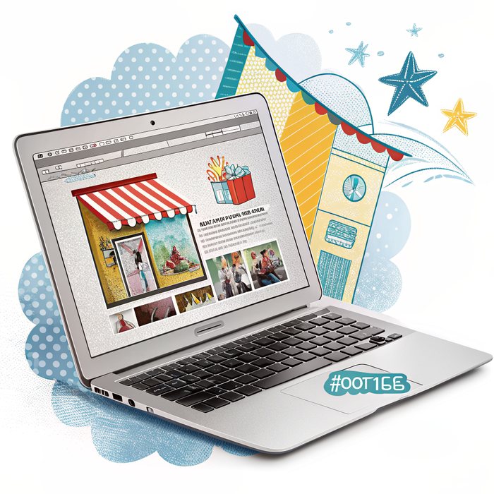 A cut-paper laptop showing a small-business website